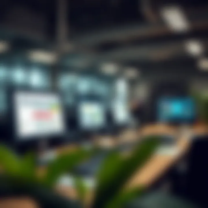 Office workspace with computers displaying compliance documents and operational workflow charts