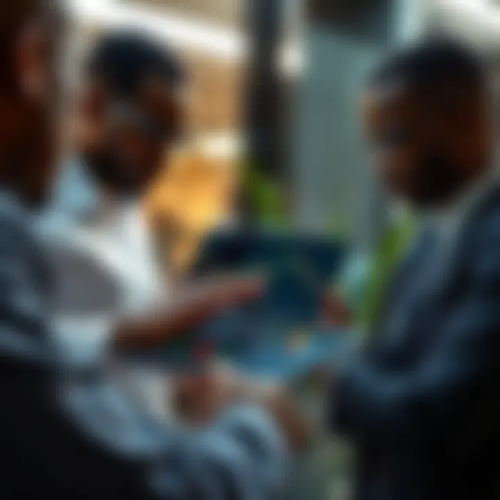 Business professionals analyzing financial charts on a digital tablet to assess risks and opportunities