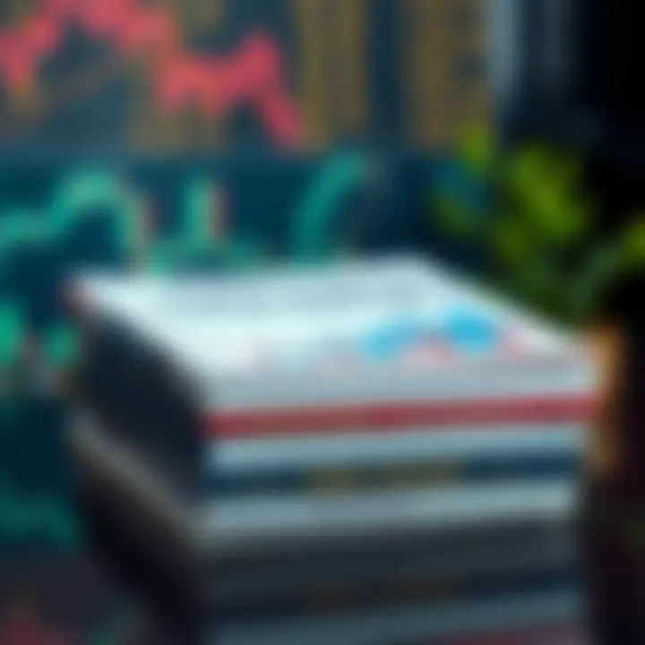 Stack of forex trading books with charts and currency symbols on the cover