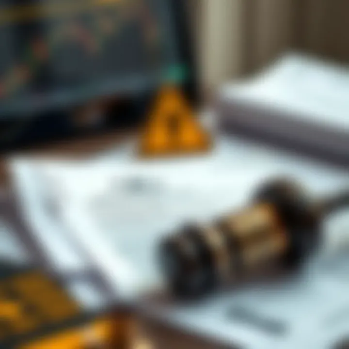 Legal Considerations and Risk Awareness in Binary Options Trading Conceptual illustration of legal documents and caution symbols related to trading regulations