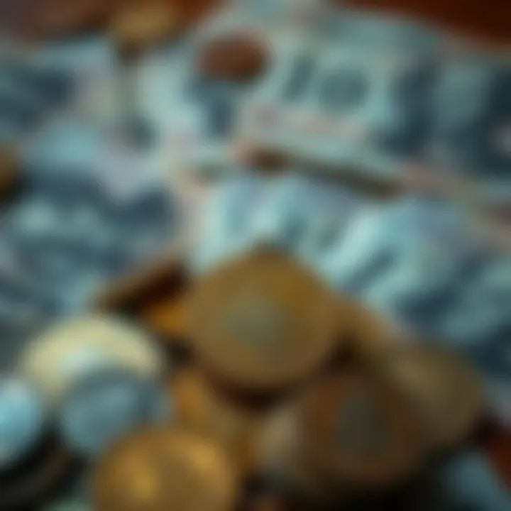 Historic coins and banknotes representing early currency exchange