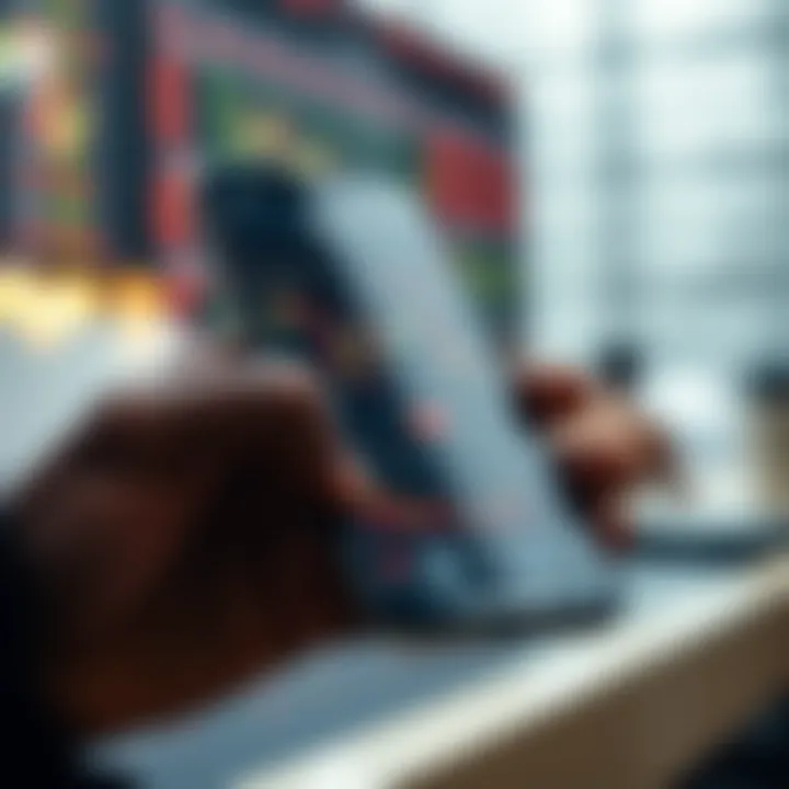 Mobile device displaying a forex trading application interface with charts and market data