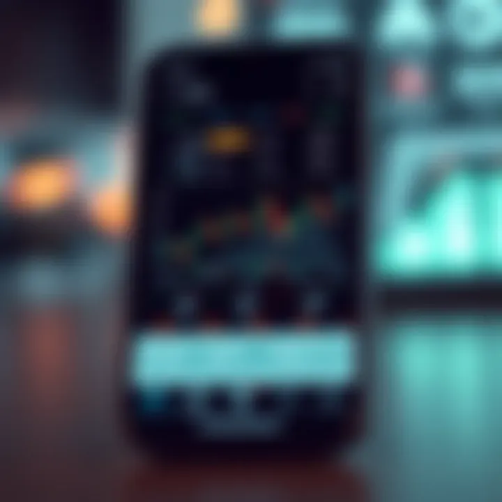 Mobile device displaying a forex trading app dashboard with charts and currency pairs