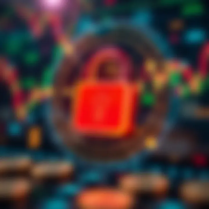 Secure financial technology concept showing digital padlock over currency symbols