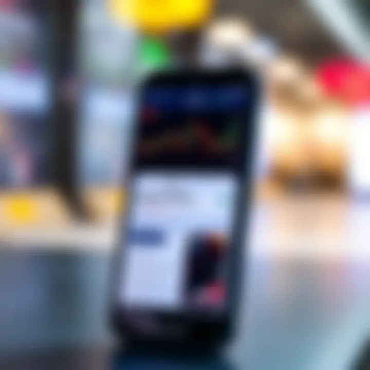 Smartphone displaying a forex trading app interface with charts and trading options