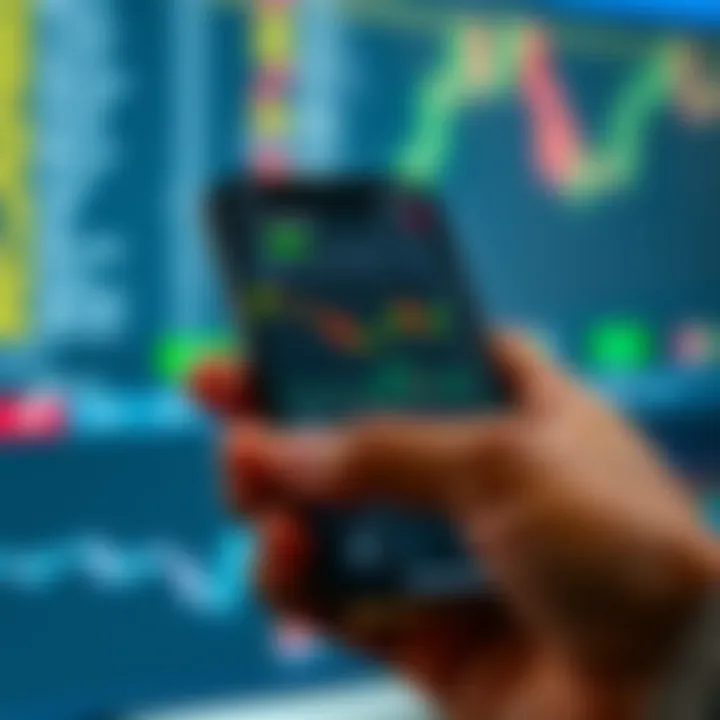 Mobile device displaying a forex trading application interface with charts and currency pairs