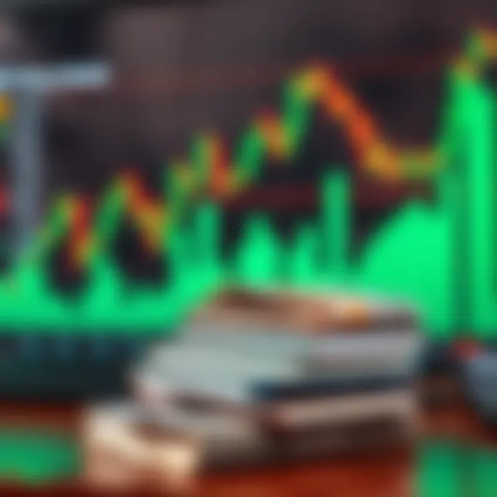 Stack of forex trading books with currency notes and a digital graph in the background