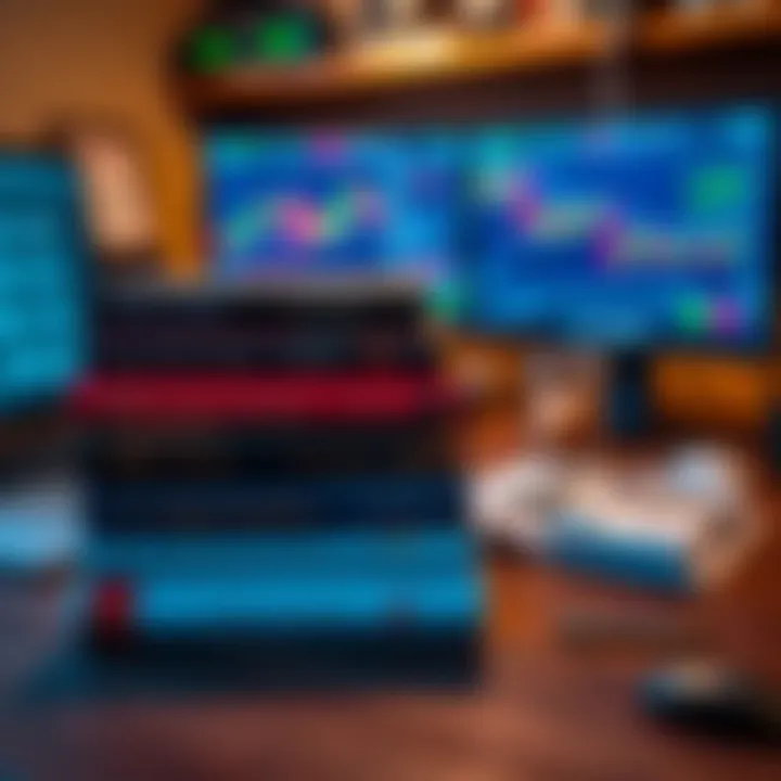 Collection of forex trading books stacked on a wooden desk with a laptop and currency charts displayed on screen