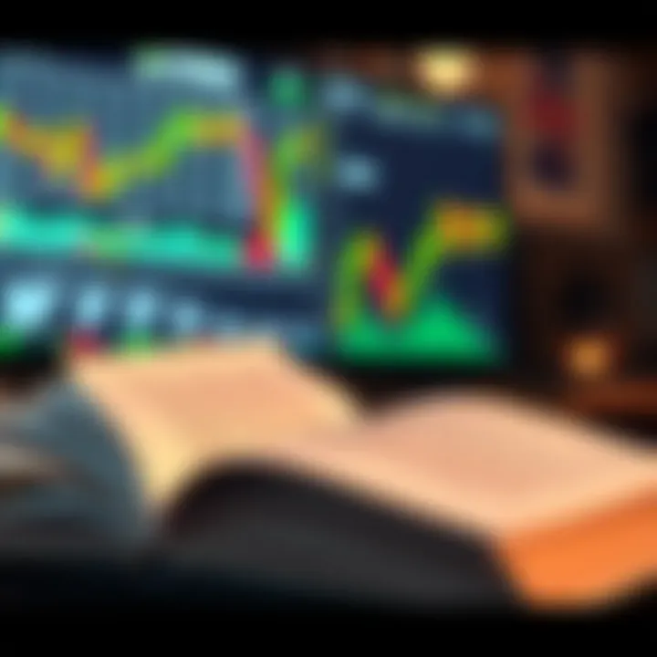 Open book displaying forex trading charts and currency symbols on digital screen