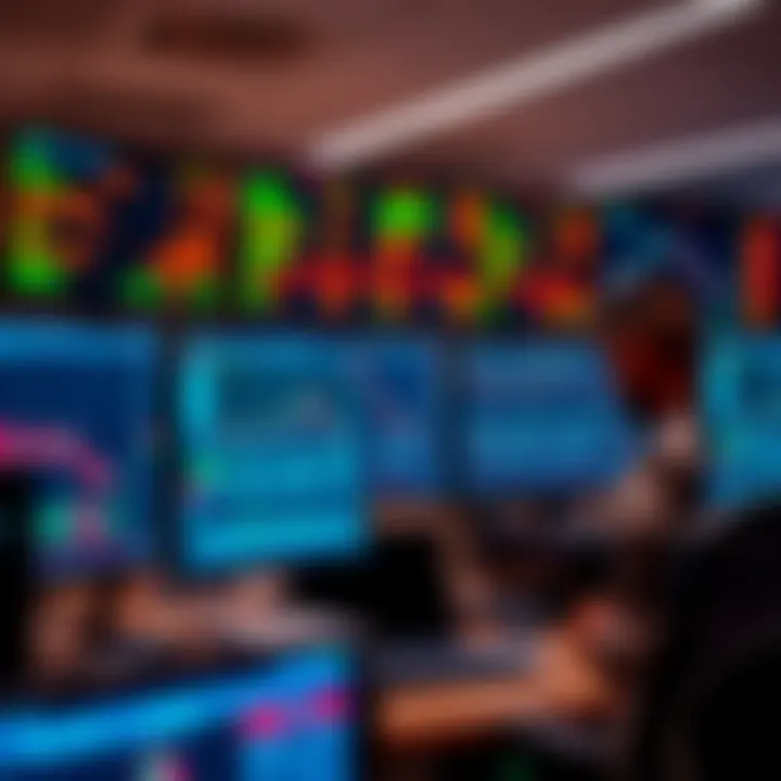 Workspace with multiple monitors displaying forex market data and trading analytics