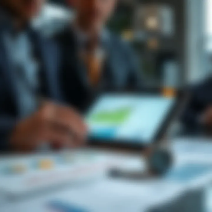 Business professionals analyzing risk assessment charts and financial graphs on a digital tablet