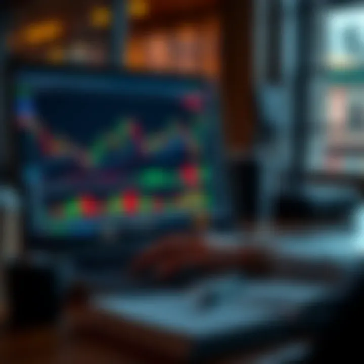 Close-up of a trader analyzing forex charts on a laptop with a book beside