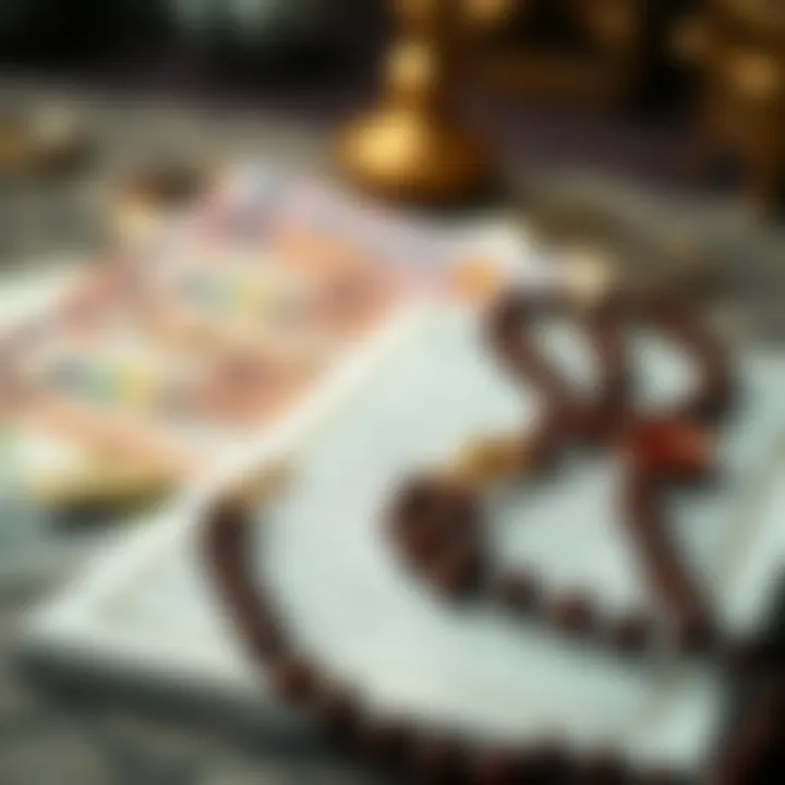 Currency symbols with a Quran and prayer beads representing Islamic financial guidance