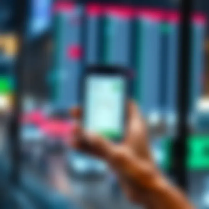Hand holding smartphone displaying forex trading app integrated with mobile payment service