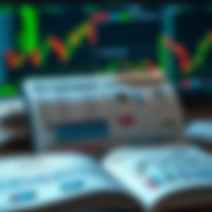 Open book displaying forex trading charts and educational content