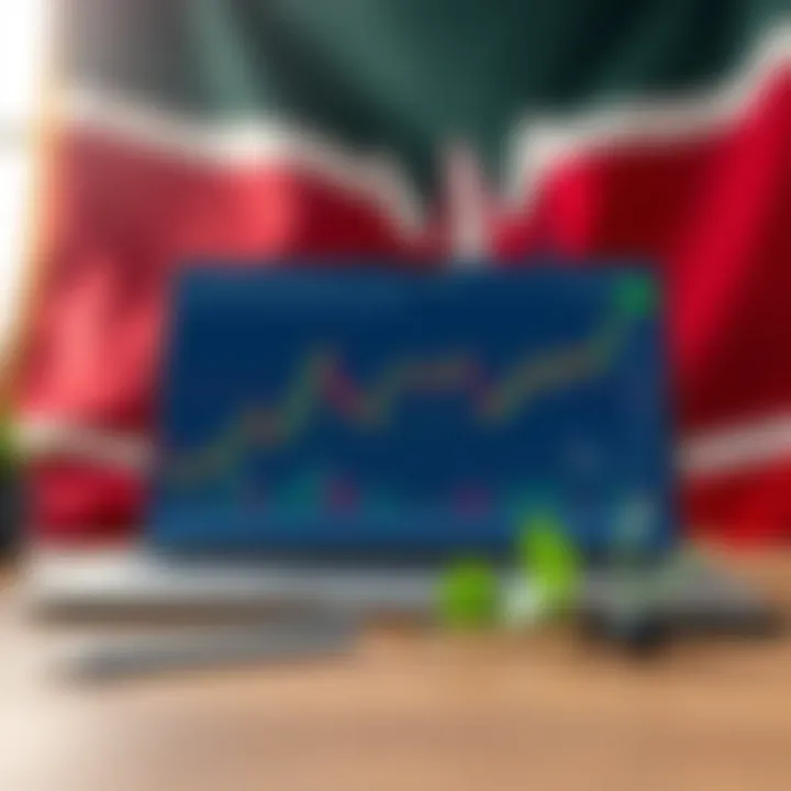 Illustration of a laptop with forex market graphs and a Kenyan flag background