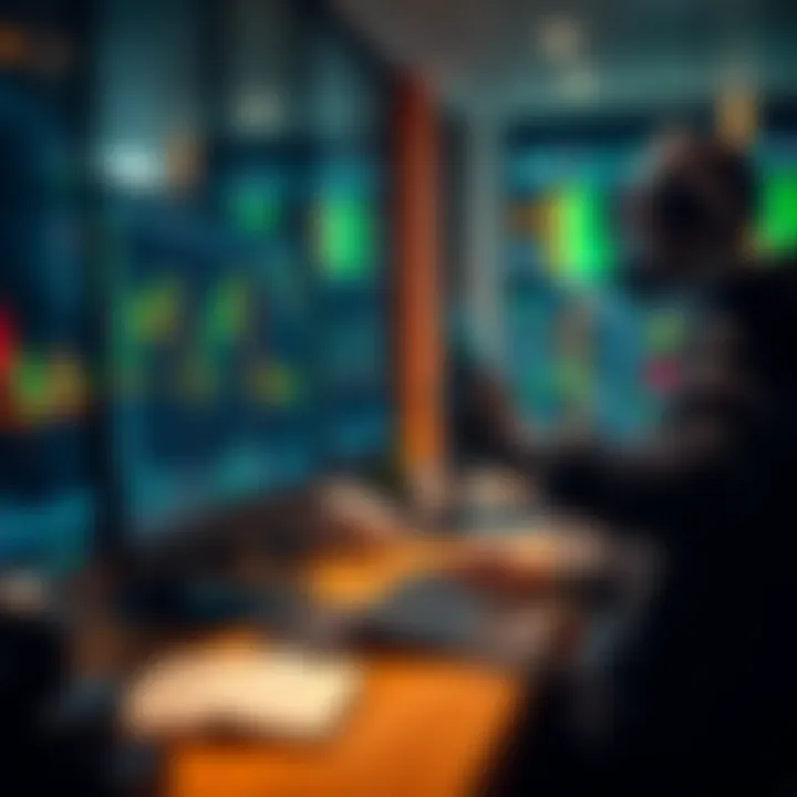 Illustration of a trader using computer and charts with binary options symbols