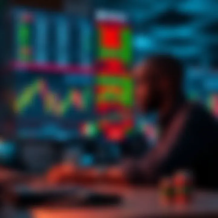 Illustration of a trader analyzing forex market charts with Kenyan flag icons