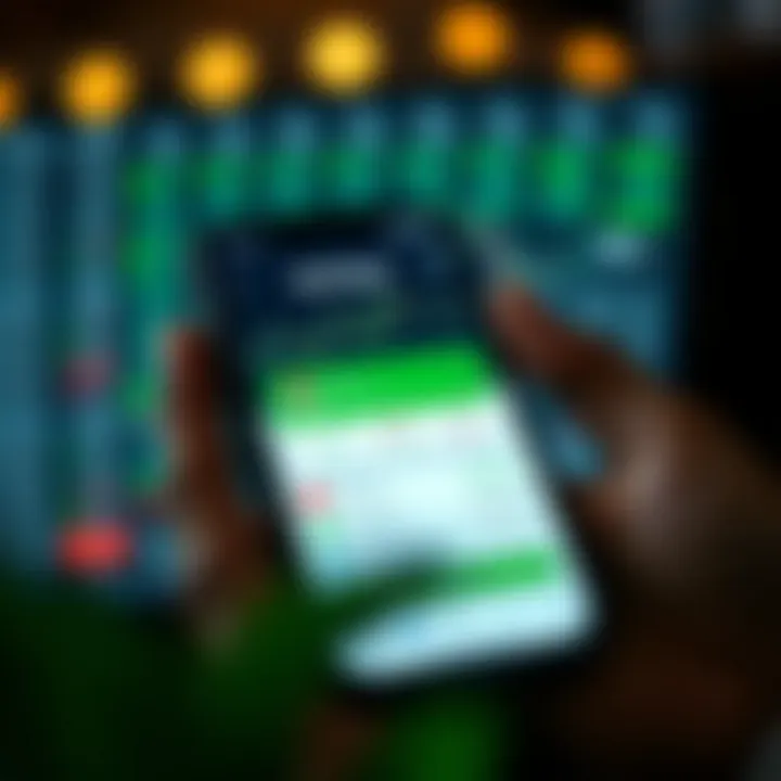 Mobile phone displaying forex trading app interface with M-Pesa payment option