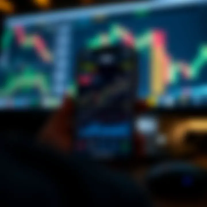 Mobile phone displaying a forex trading app interface with charts and currency pairs