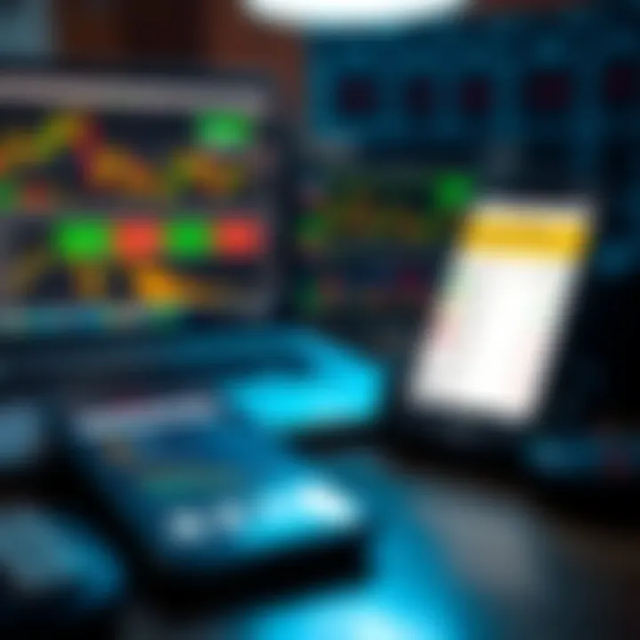 Collection of tools including charts, a laptop displaying forex data, and a smartphone with mobile payment options