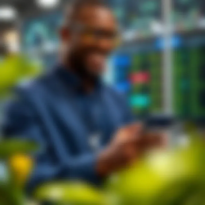 User interacting with a secure mobile trading app showing key features such as real-time updates and analytics