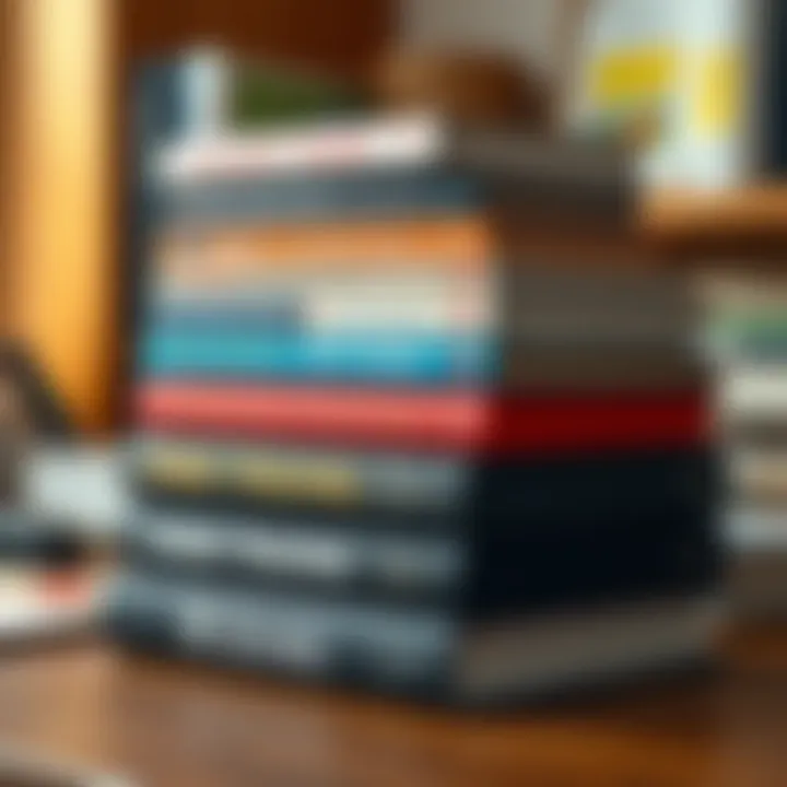 Books on forex trading strategies and market analysis stacked on a wooden desk