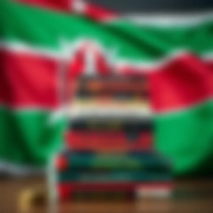 Stack of forex trading books with a Kenyan flag in the background