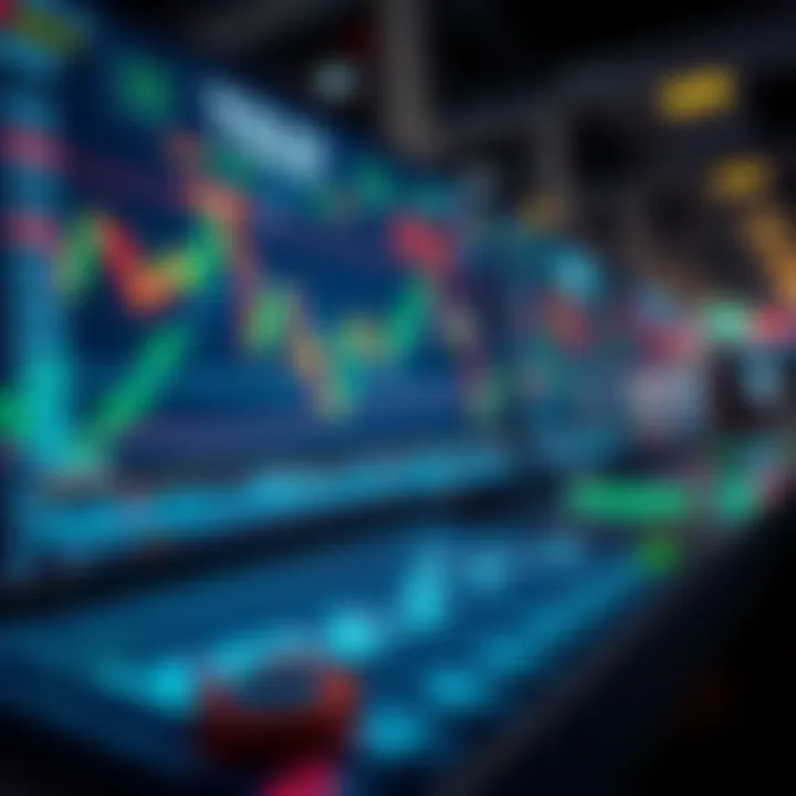 Illustration of a digital platform interface with charts and trading options highlighted