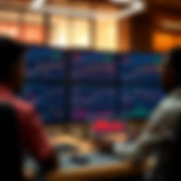 Automated forex trading software analyzing currency market charts on multiple screens