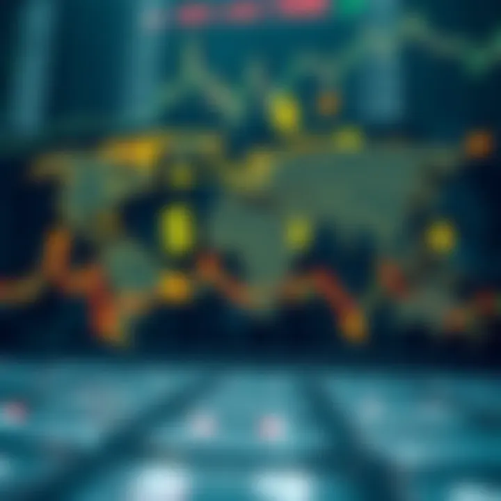 Illustration of global currency symbols connected by arrows depicting forex market activity