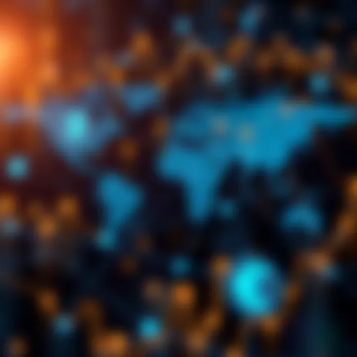 Illustration showing various global currency symbols connected by digital network lines representing forex market activity