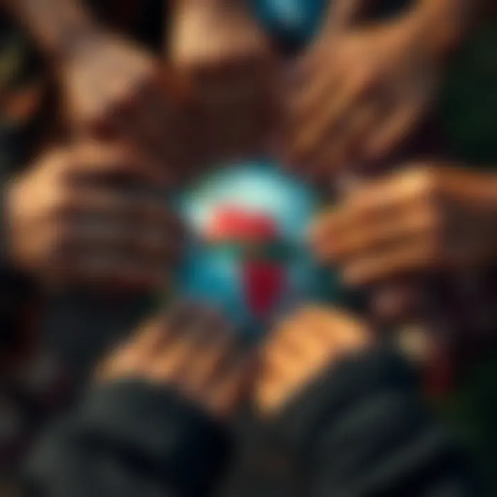 Visual representation of inclusivity with multiple hands forming a circle around a globe highlighting Kenya, symbolizing community support for gender diversity
